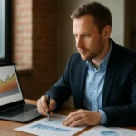 Férfi alkalmazás teljesítmény értékelését végzi számítógépen.