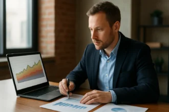 Férfi alkalmazás teljesítmény értékelését végzi számítógépen.