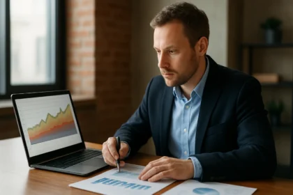 Férfi alkalmazás teljesítmény értékelését végzi számítógépen.