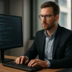 Információbiztonsági szakértő dolgozik a számítógépén, kódírás közben.