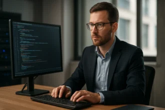 Információbiztonsági szakértő dolgozik a számítógépén, kódírás közben.