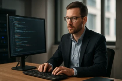 Információbiztonsági szakértő dolgozik a számítógépén, kódírás közben.