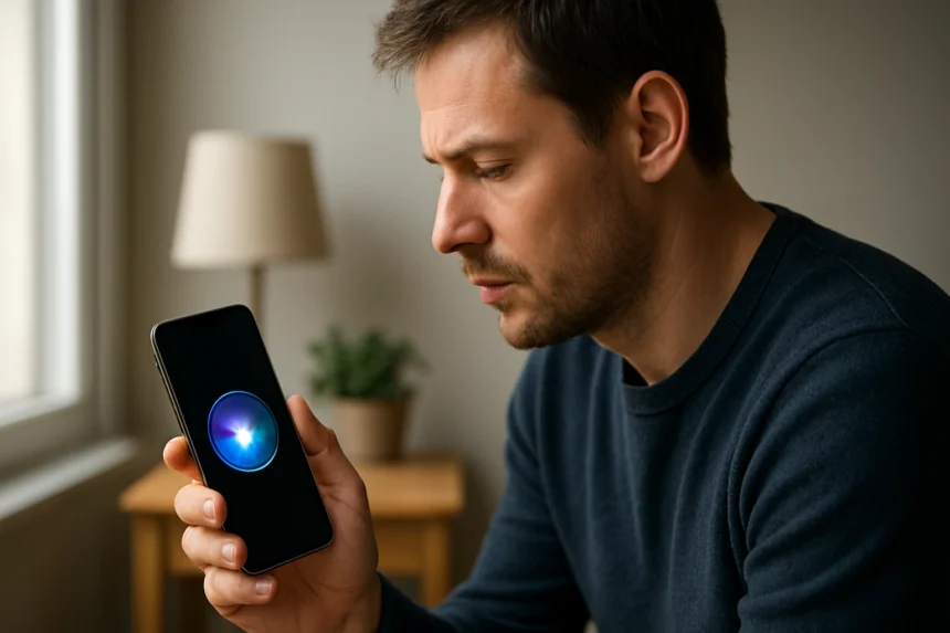 Férfi Siri virtuális asszisztenssel a telefonján