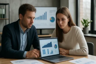 Két szakember adatokat elemez egy laptopon a modern irodában.