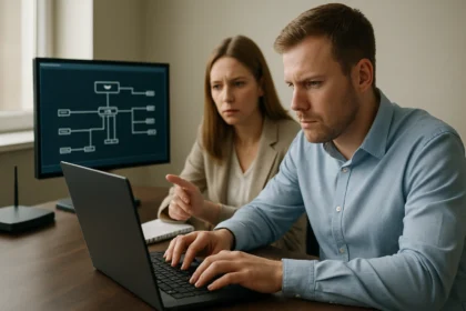 Két informatikai szakember, akik az ICMP hálózati protokollt elemzik egy számítógépen.