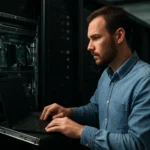 Mérnök a szerverek előtt, laptopon dolgozik a bare metal virtualizációs környezetben.