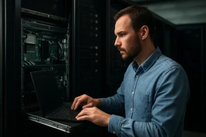 Mérnök a szerverek előtt, laptopon dolgozik a bare metal virtualizációs környezetben.