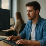 Férfi programozó a számítógép előtt, kimeneti adatok megjelenítése