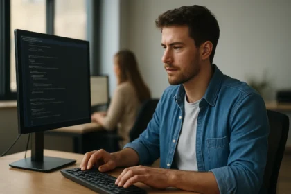 Férfi programozó a számítógép előtt, kimeneti adatok megjelenítése