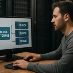 Felhasználó blokktárolás fogalmát vizsgálja számítógép előtt.