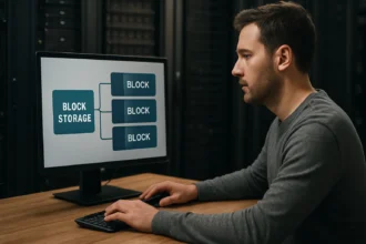 Felhasználó blokktárolás fogalmát vizsgálja számítógép előtt.