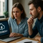 Felhőalapú biztonsági mentés bemutatása laptopon, adatvédelem