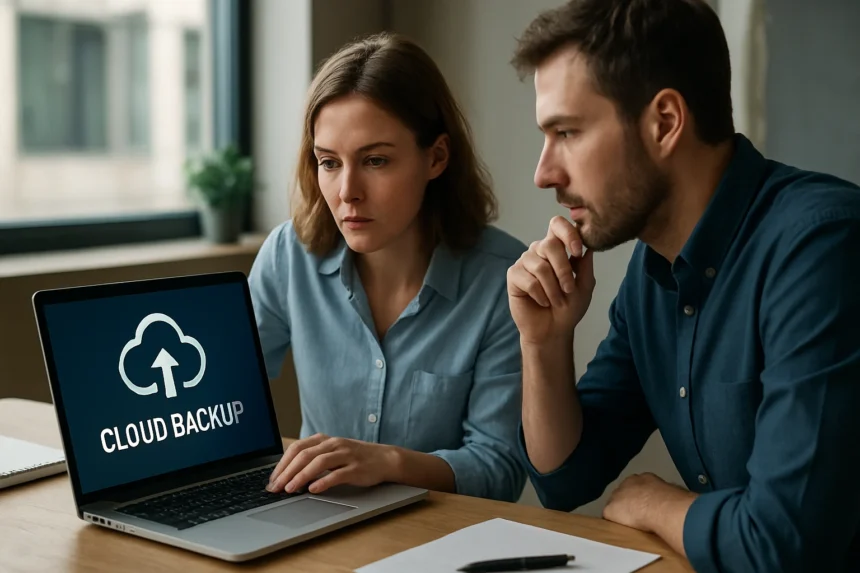 Felhőalapú biztonsági mentés bemutatása laptopon, adatvédelem