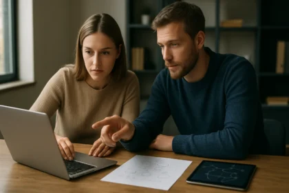 Fiatalok hipermédia tartalomstruktúrával foglalkoznak laptopon.