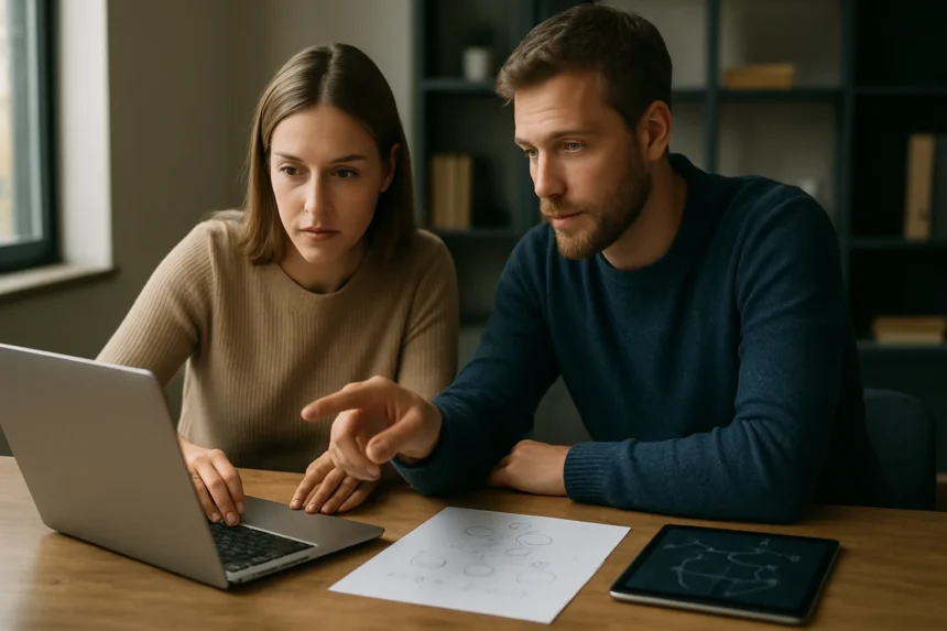 Fiatalok hipermédia tartalomstruktúrával foglalkoznak laptopon.