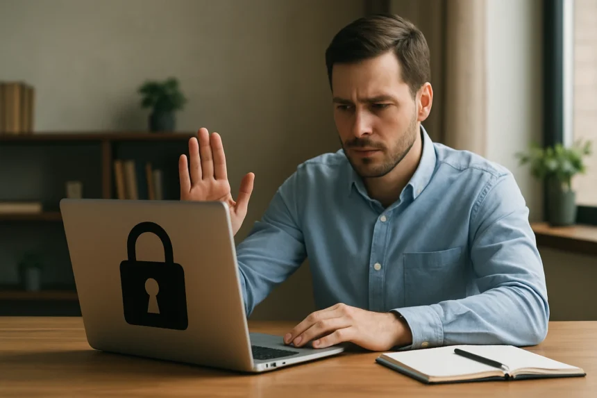 Férfi írányítja a számítógép védelmét írásvédett fájl használatával.