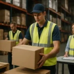 Keresztdokkolás raktározási folyamat során, logisztikai szakemberek munkában