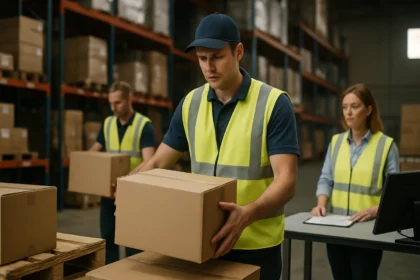 Keresztdokkolás raktározási folyamat során, logisztikai szakemberek munkában