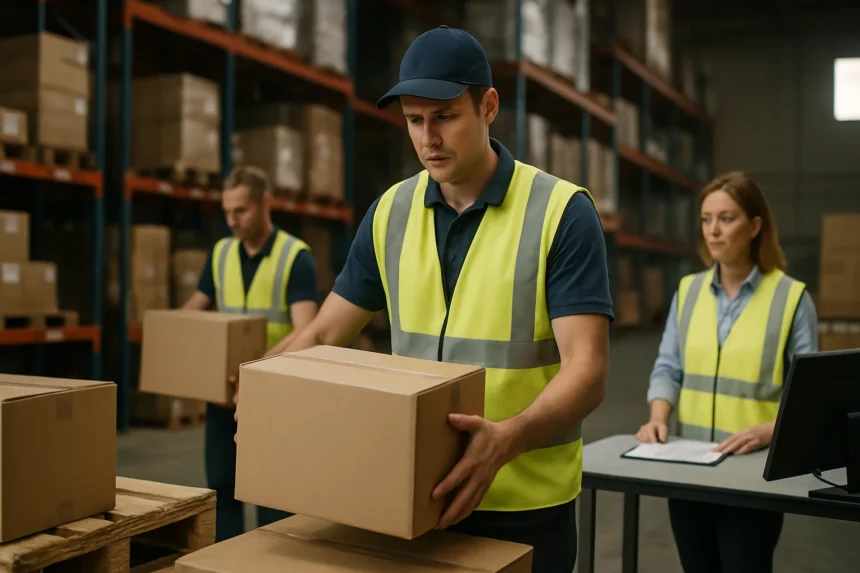 Keresztdokkolás raktározási folyamat során, logisztikai szakemberek munkában