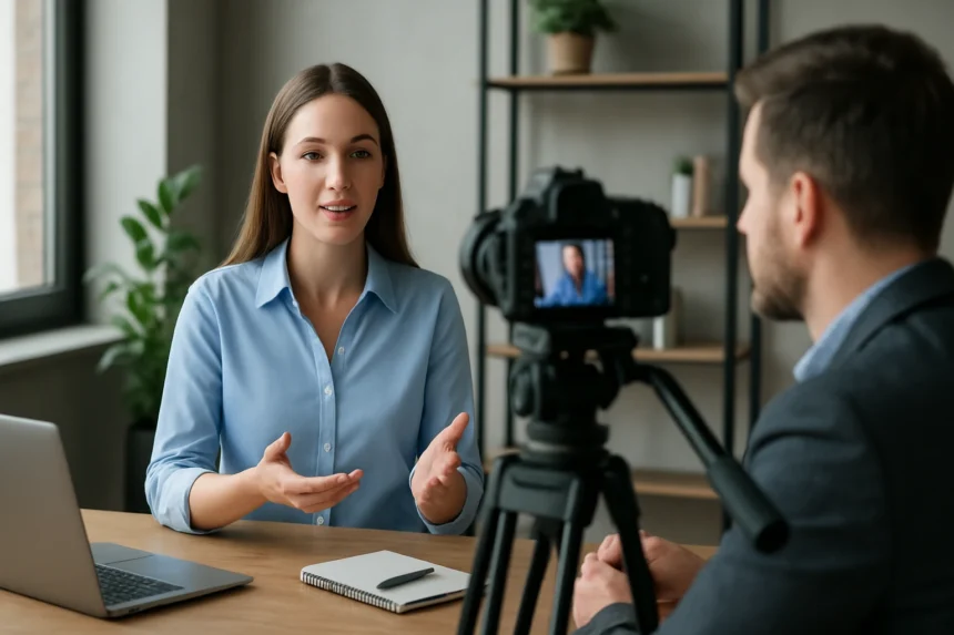 Videómarketing interjú forgatása egy modern irodában