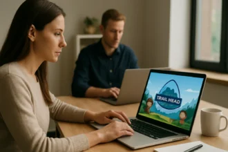 Két személy online tanulási platformot használ a Salesforce Trailhead-en.