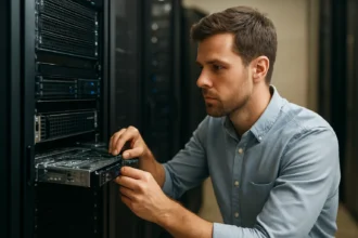 Férfi headless szerver karbantartása adatközpontban