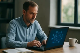 Férfi dolgozik laptopon, hálózati kommunikáció ábrája a képernyőn.