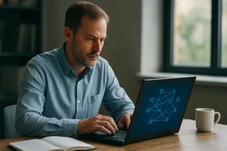 Férfi dolgozik laptopon, hálózati kommunikáció ábrája a képernyőn.