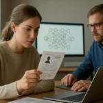 Két szakember gépi tanulásról beszél, modellkártyát tart a nő.