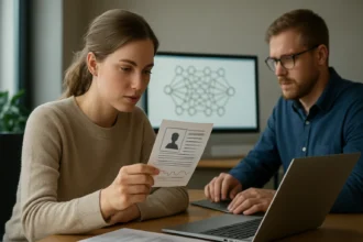 Két szakember gépi tanulásról beszél, modellkártyát tart a nő.