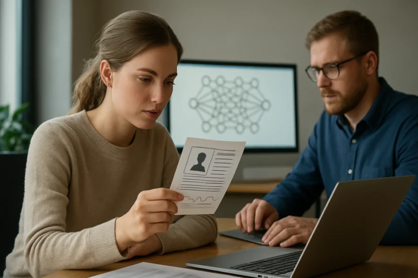 Két szakember gépi tanulásról beszél, modellkártyát tart a nő.