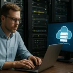 Férfi számítógép előtt virtuális SAN rendszerrel dolgozik.