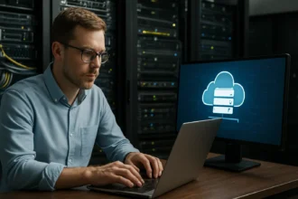 Férfi számítógép előtt virtuális SAN rendszerrel dolgozik.