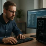 Férfi számítógép menedzsment közben, DMI szabvány figyelembevételével.