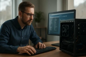 Férfi számítógép menedzsment közben, DMI szabvány figyelembevételével.