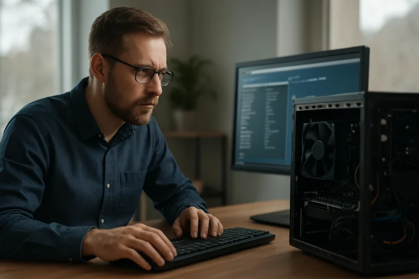 Férfi számítógép menedzsment közben, DMI szabvány figyelembevételével.