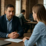 Munkavállalói elkötelezettségért felelős igazgató megbeszélése egy munkatárssal.