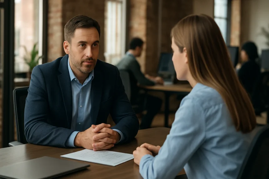 Munkavállalói elkötelezettségért felelős igazgató megbeszélése egy munkatárssal.