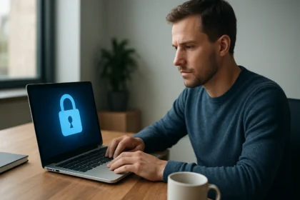 Férfi laptopon dolgozik, képernyőjén lakat ikon látható a biztonság érdekében.