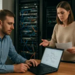 Hálózati konfigurációkezelés munkahelyi bemutató, IT szakemberek együttműködése.