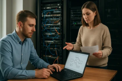 Hálózati konfigurációkezelés munkahelyi bemutató, IT szakemberek együttműködése.