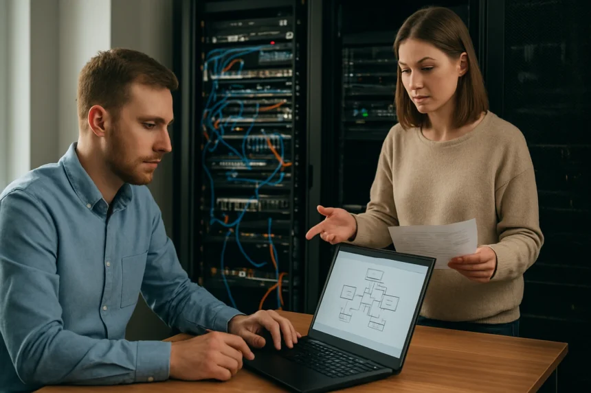 Hálózati konfigurációkezelés munkahelyi bemutató, IT szakemberek együttműködése.