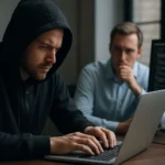 Hacker working on laptop with serious focus on cyber attack protocols.