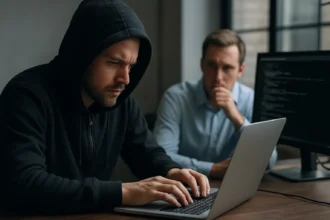 Hacker working on laptop with serious focus on cyber attack protocols.