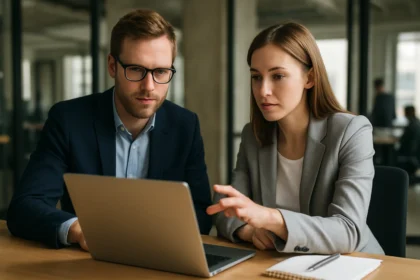 Két szakember, akik Microsoft Azure Marketplace-t használva dolgoznak.