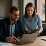 Két kolléga együtt dolgozik a tartalomkezelési rendszeren egy modern irodában.