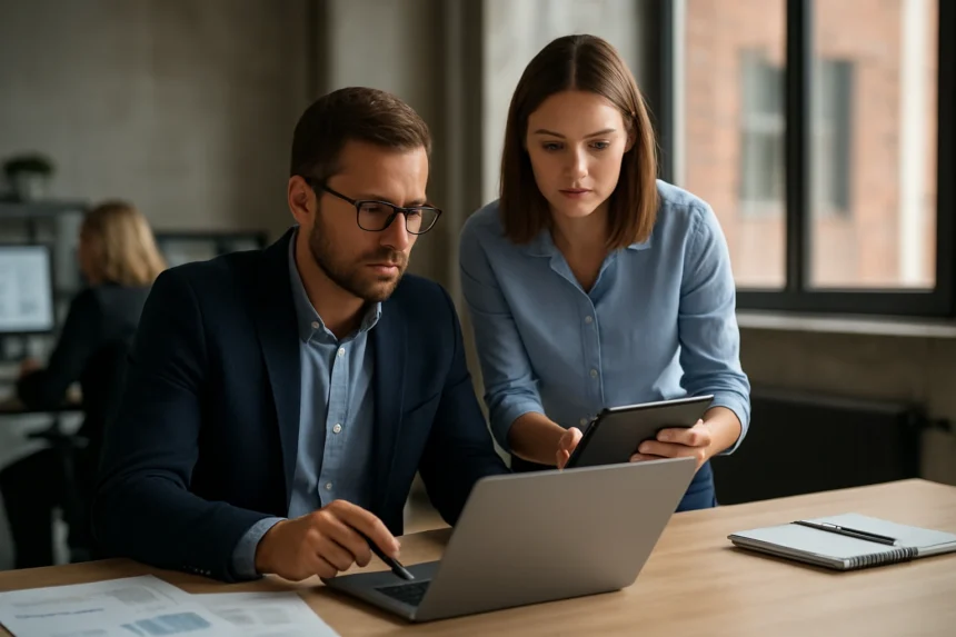 Két kolléga együtt dolgozik a tartalomkezelési rendszeren egy modern irodában.