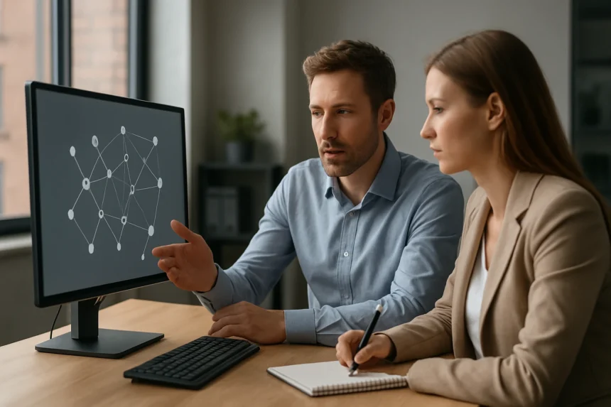 Két szakember beszélget a hálózati orkésztrációról szoftveralapú hálózatokban.