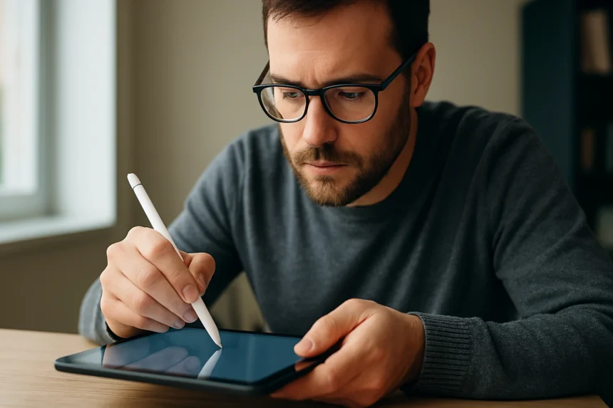 Férfi érintőceruzával használ egy tabletet izgalmas digitális rajzolás közben.