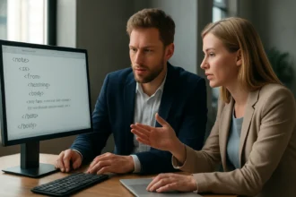 Két szakértő XML kódot elemez a számítógépen az ICE protokoll kontextusában.